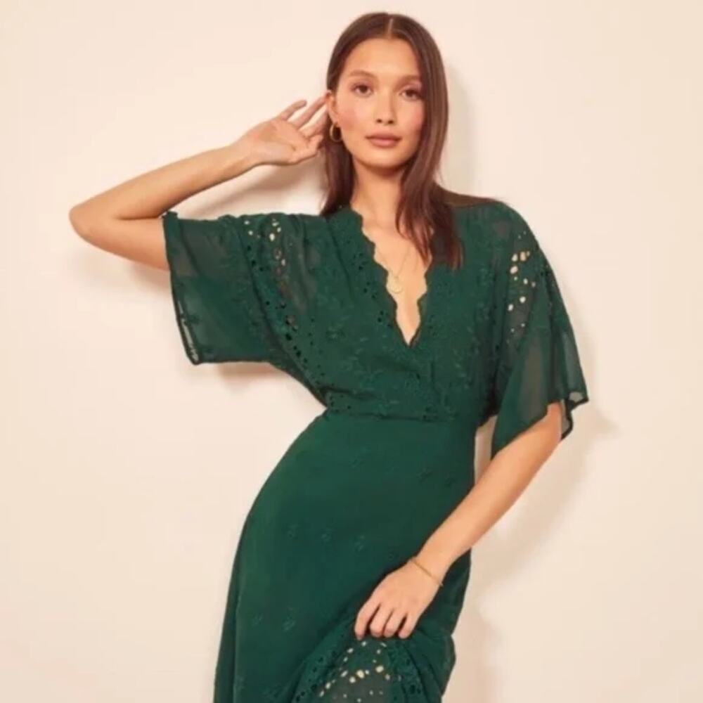 Reformation Libbie Dress Green Open Back Embroidered Eyelet Wedding Size 0